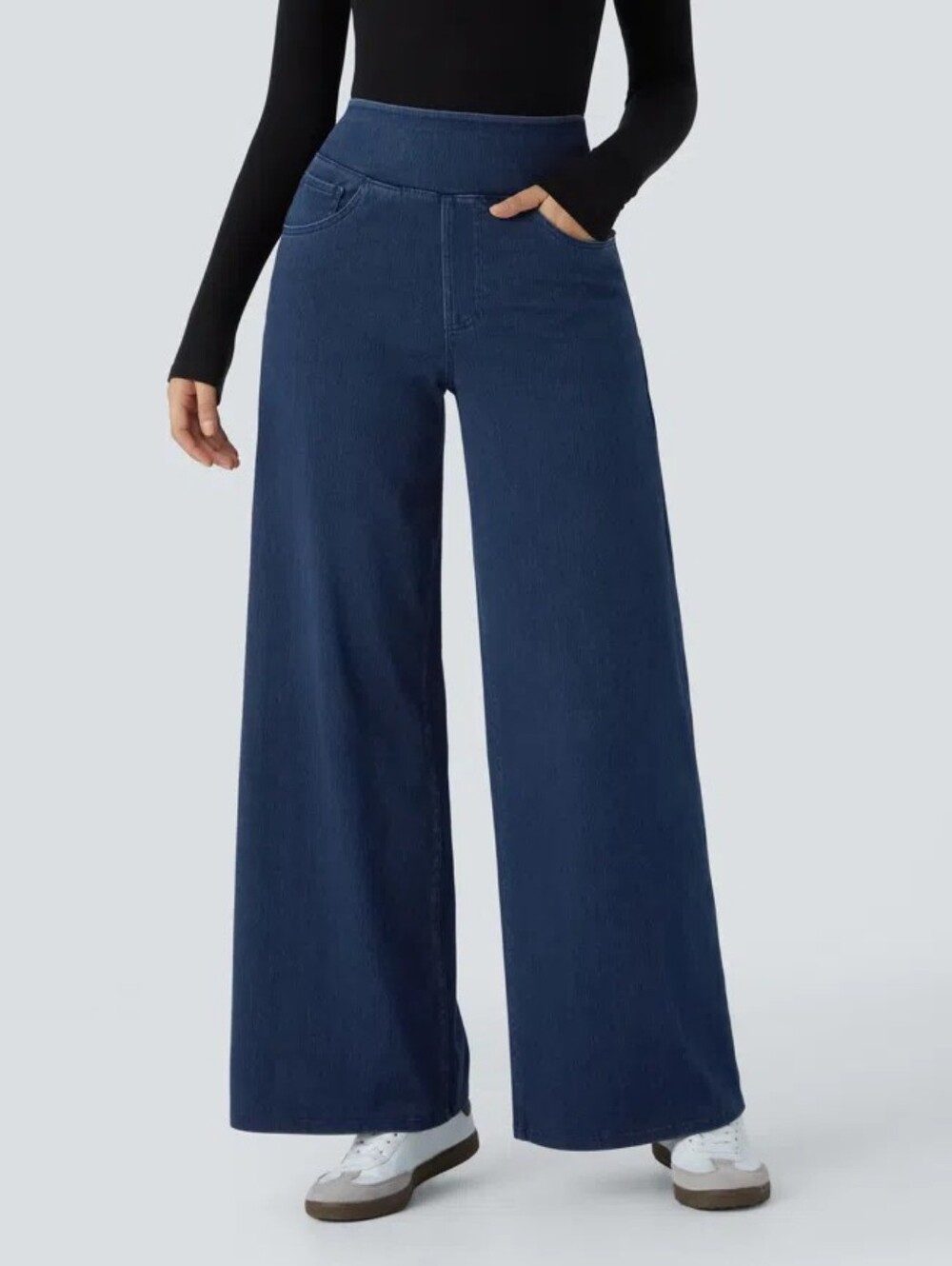 NWoT HALARA High Waisted 5 Pockets Wide Leg Loose Work Jeans L 12 14 Dark Blue - Picture 4 of 6